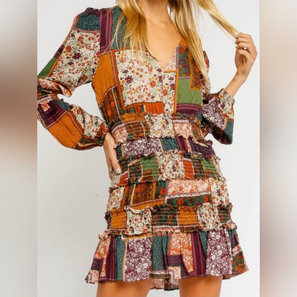 VESTIQUE Boho Patchwork Dress L NWT Long Sleeves Mini Bohemian